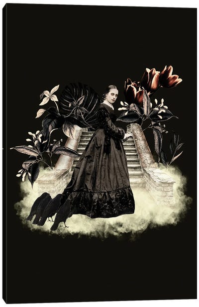 Gothic Woman With Crows And Vintage Flowers Canvas Art Print - Crow Art