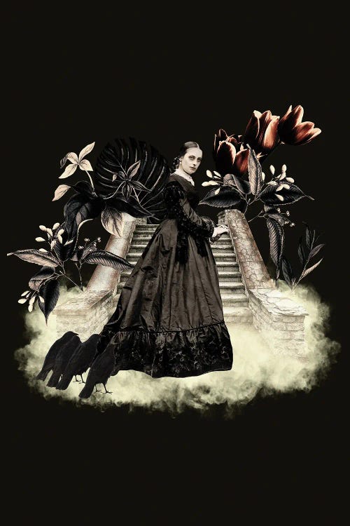 Gothic Woman With Crows And Vintage Flowers