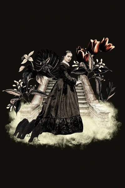 Gothic Woman With Crows And Vintage Flowers