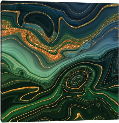Abstract Gold And Emerald Marlbled Landscape Canvas Art Print - Gold & Teal Art