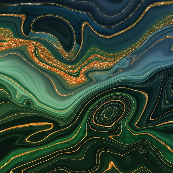 Teal Abstract Art: Abstract Gold And Emerald Marlbled Landscape by UtArt