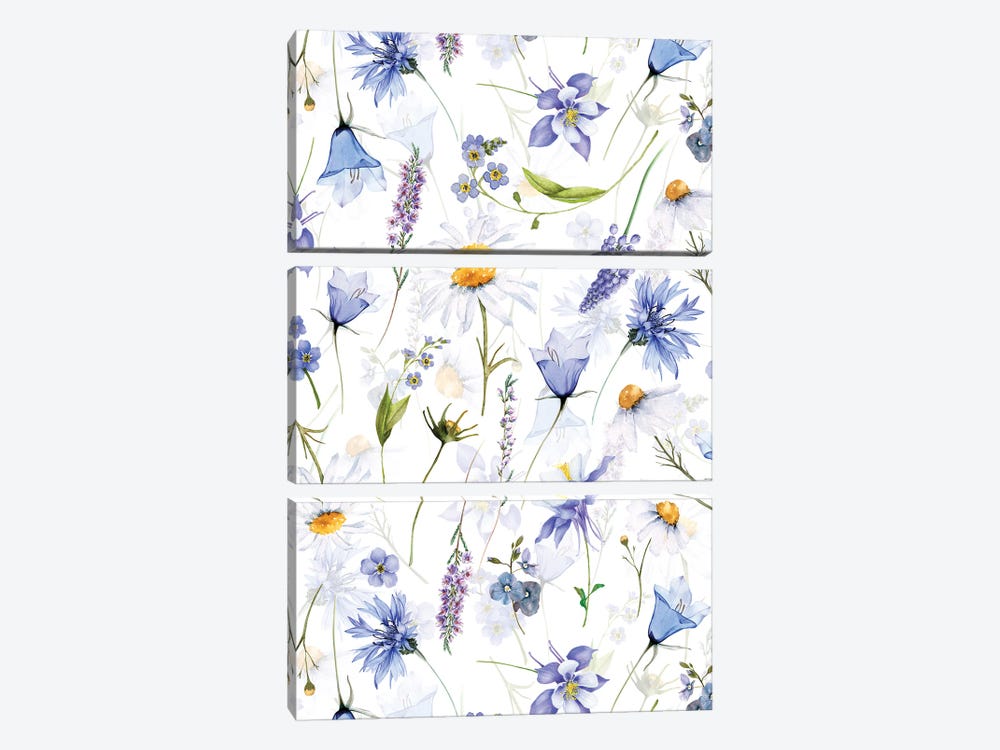 Blue And White Scandinavian Midsummer Meadow by UtArt 3-piece Art Print