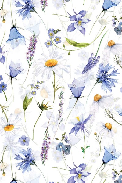 UtArt: Blue And White Scandinavian Midsummer Meadow by UtArt