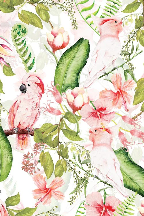 Tropical Bohemian Pastel Flower And Parrot Jungle