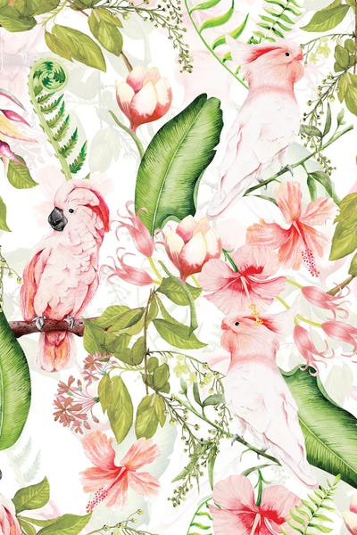 Parrots: Tropical Bohemian Pastel Flower And Parrot Jungle by UtArt