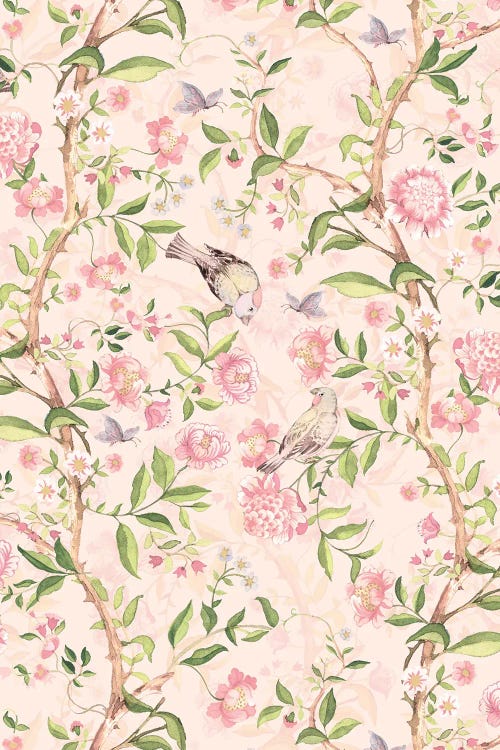 Pastel Blush Antique Chinoiserie With Birds And Flowers