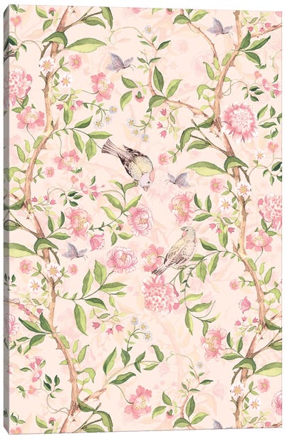 Pastel Blush Antique Chinoiserie With Birds And Flowers Canvas Art Print - Asian Décor
