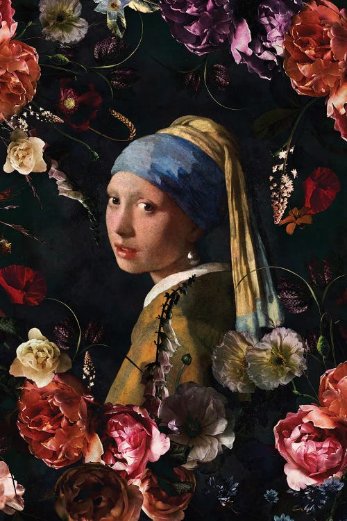 Girl With The Pearl Earring And Flowers Canvas Art by UtArt | iCanvas