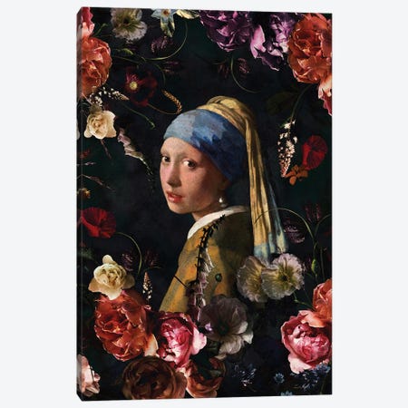 Girl With The Pearl Earring And Flowers Canvas Print #UTA271} by UtArt Canvas Art Print
