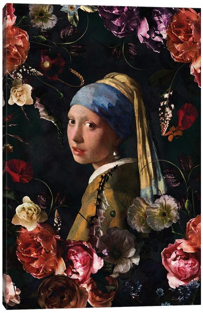 Girl With The Pearl Earring And Flowers Canvas Art Print - Girl with a Pearl Earring Reimagined