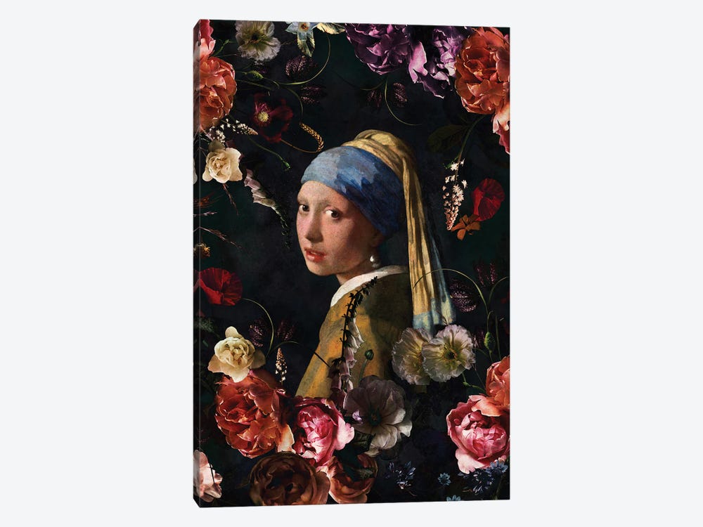 Girl With The Pearl Earring And Flowers by UtArt 1-piece Canvas Wall Art