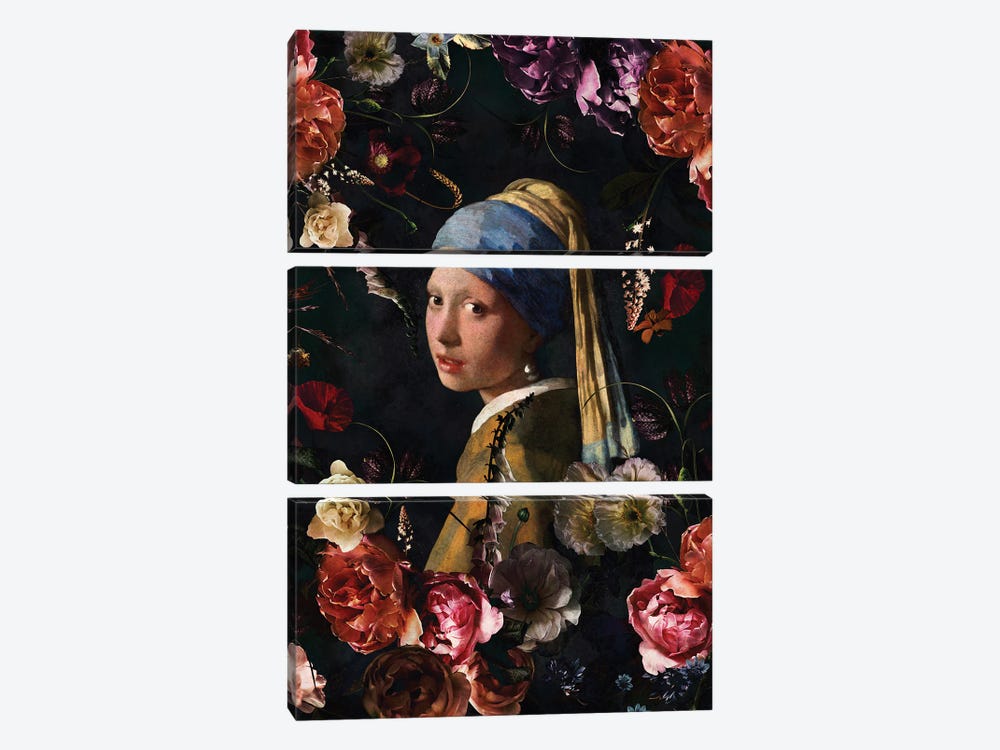 Girl With The Pearl Earring And Flowers by UtArt 3-piece Canvas Wall Art