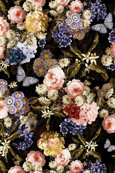 Lush Midnight Baroque Flower Garden XI by UtArt framed canvas print