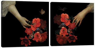 Hand With Poppy Flowers Diptych Canvas Art Print - Hands
