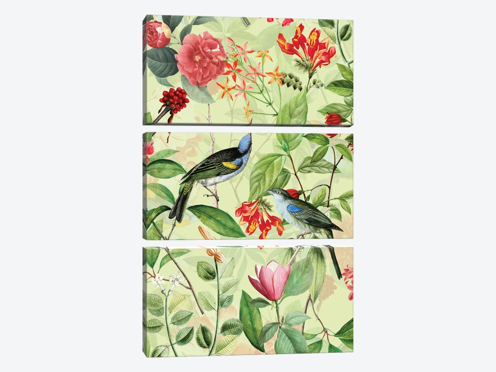 Lush Tropical Birds And Flowers by UtArt 3-piece Canvas Wall Art