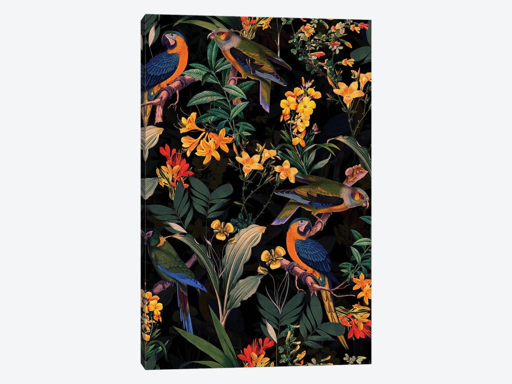 Colorful Parrots Midnight Jungle by UtArt 1-piece Canvas Artwork
