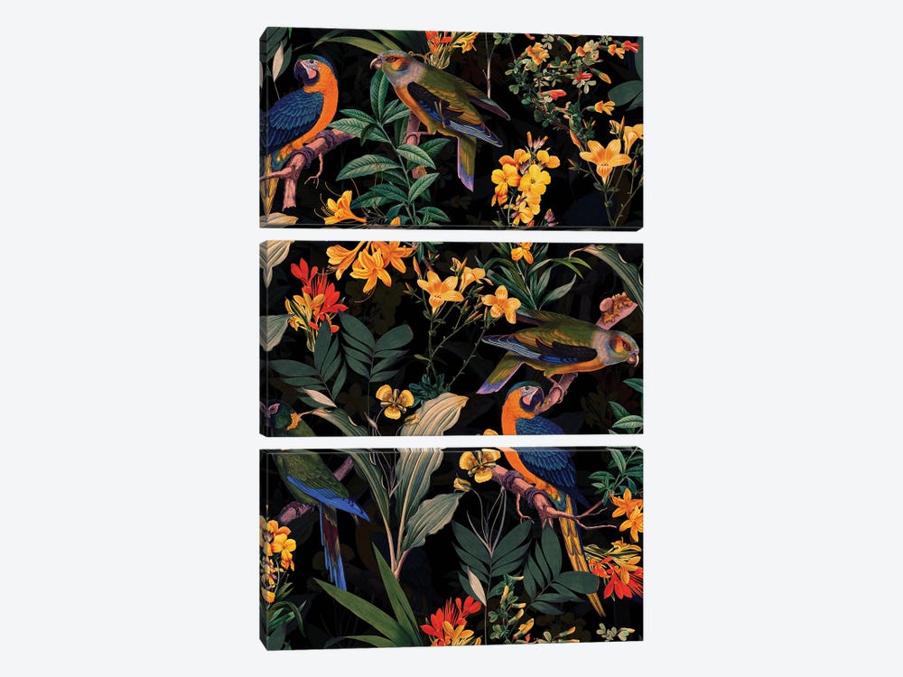 Colorful Parrots Midnight Jungle by UtArt 3-piece Canvas Artwork