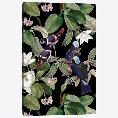 Exotic Blue Birds With Magnolia Flowers - Black Canvas Print #UTA313} by UtArt Canvas Artwork