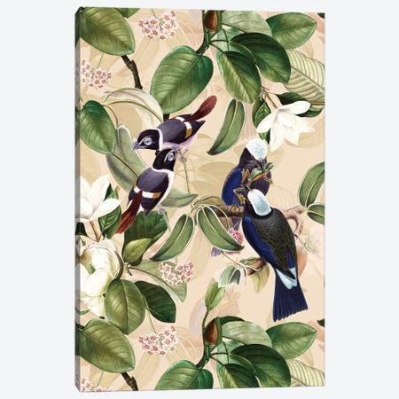 Exotic Blue Birds With Magnolia Flowers - Beige Canvas Print #UTA314} by UtArt Art Print