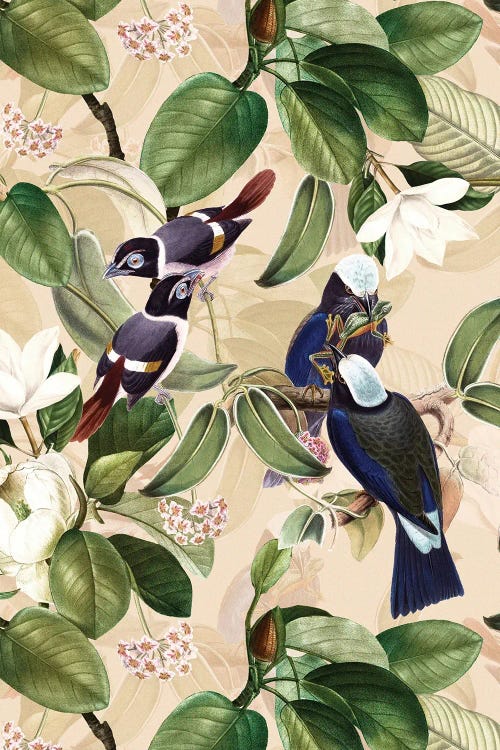 Exotic Blue Birds With Magnolia Flowers - Beige