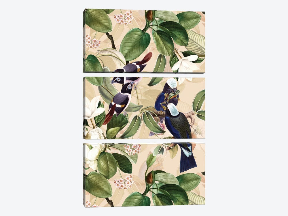 Exotic Blue Birds With Magnolia Flowers - Beige by UtArt 3-piece Canvas Art