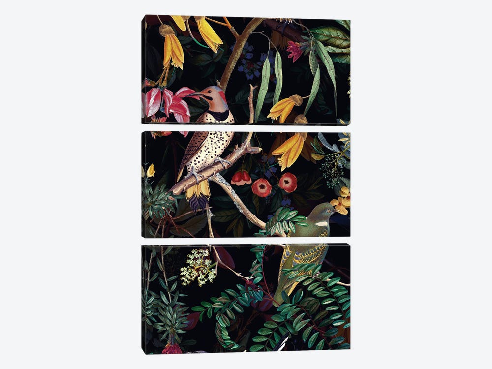 Exotic Night Birds In Flower Jungle by UtArt 3-piece Canvas Art Print