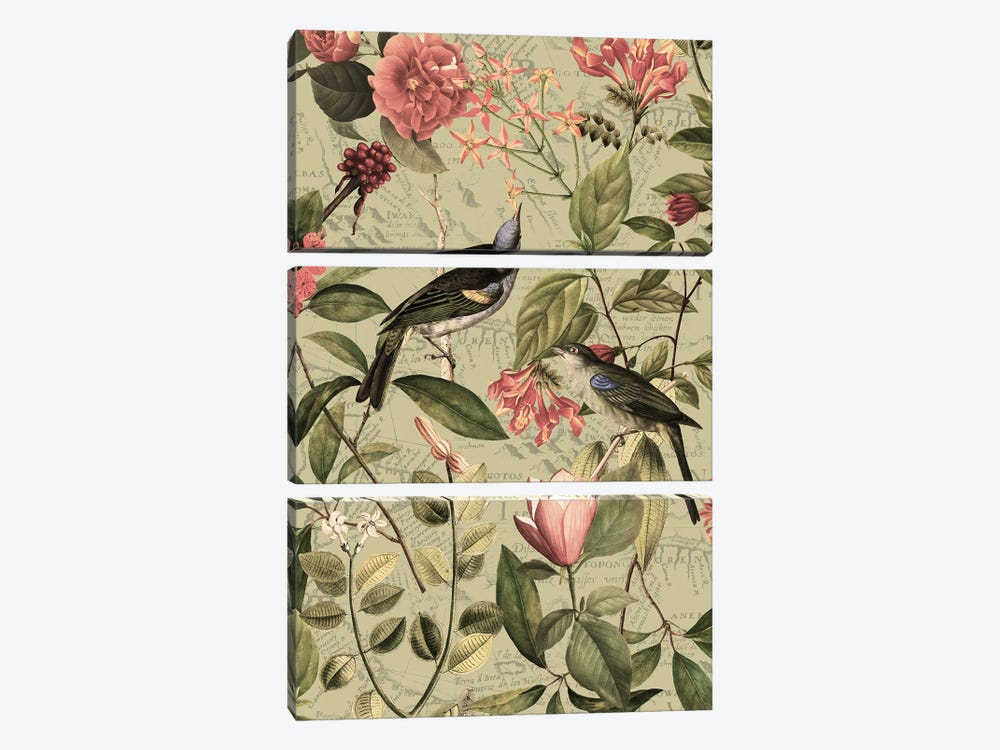 Tropical Flower And Bird Jungle by UtArt 3-piece Art Print