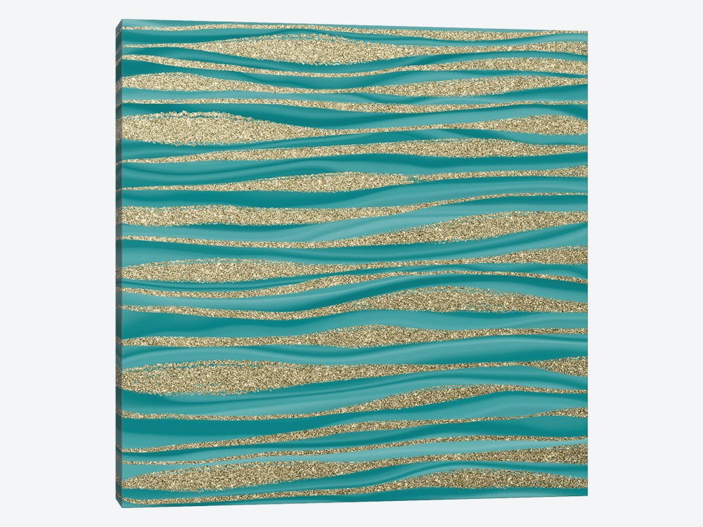 Turquoise And Gold Mermaid Faux Marble Waves by UtArt 1-piece Canvas Art