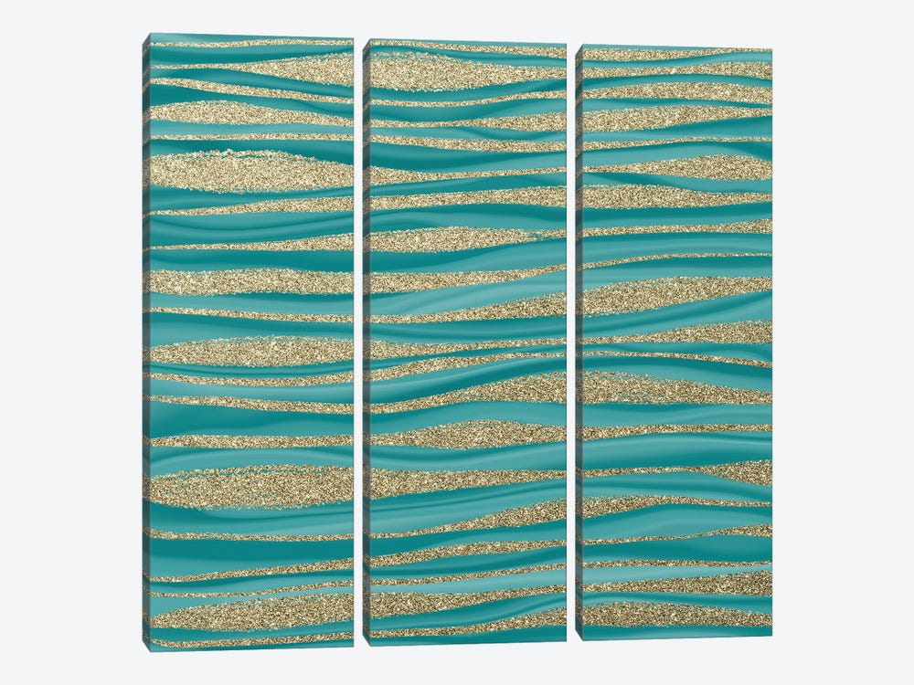 Turquoise And Gold Mermaid Faux Marble Waves by UtArt 3-piece Canvas Wall Art