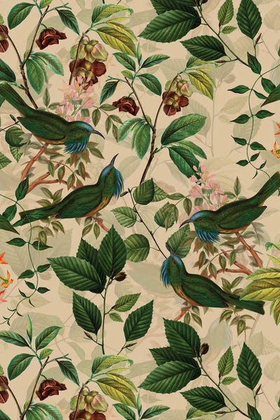 UtArt: Tropical Birds And Branches Midnight Jungle by UtArt