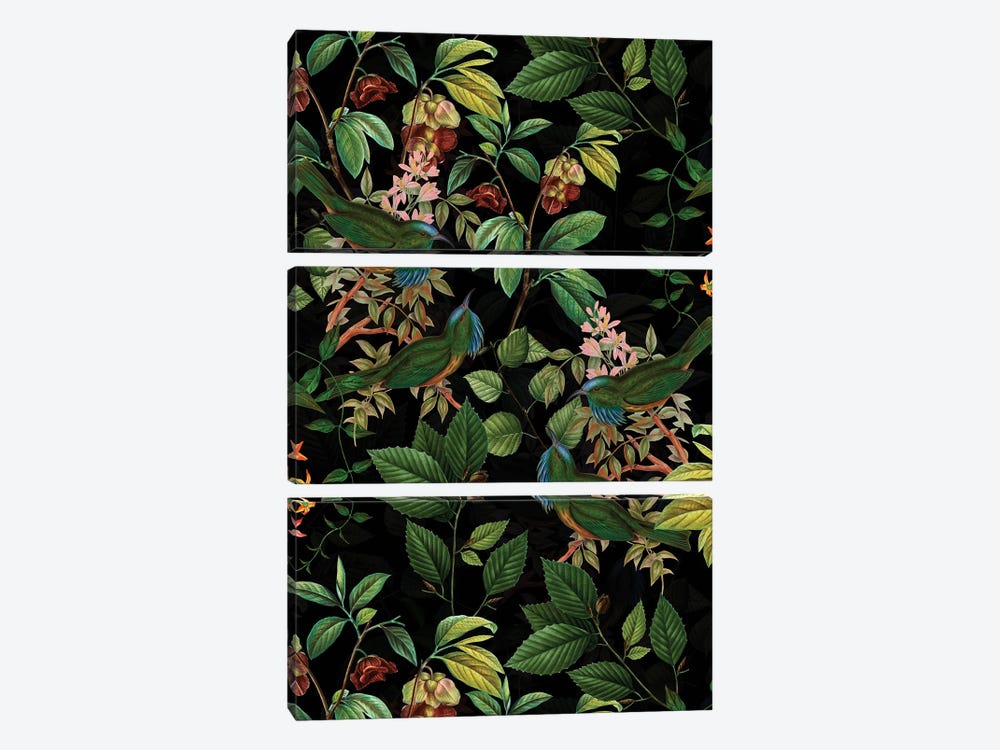 Tropical Birds And Flowers Midnight Jungle by UtArt 3-piece Canvas Print