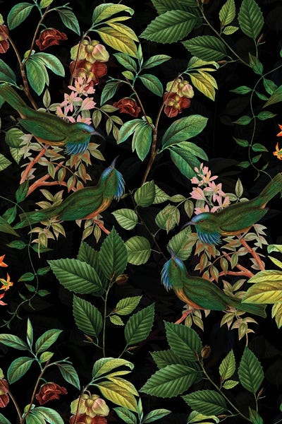 UtArt: Tropical Birds And Flowers Midnight Jungle by UtArt