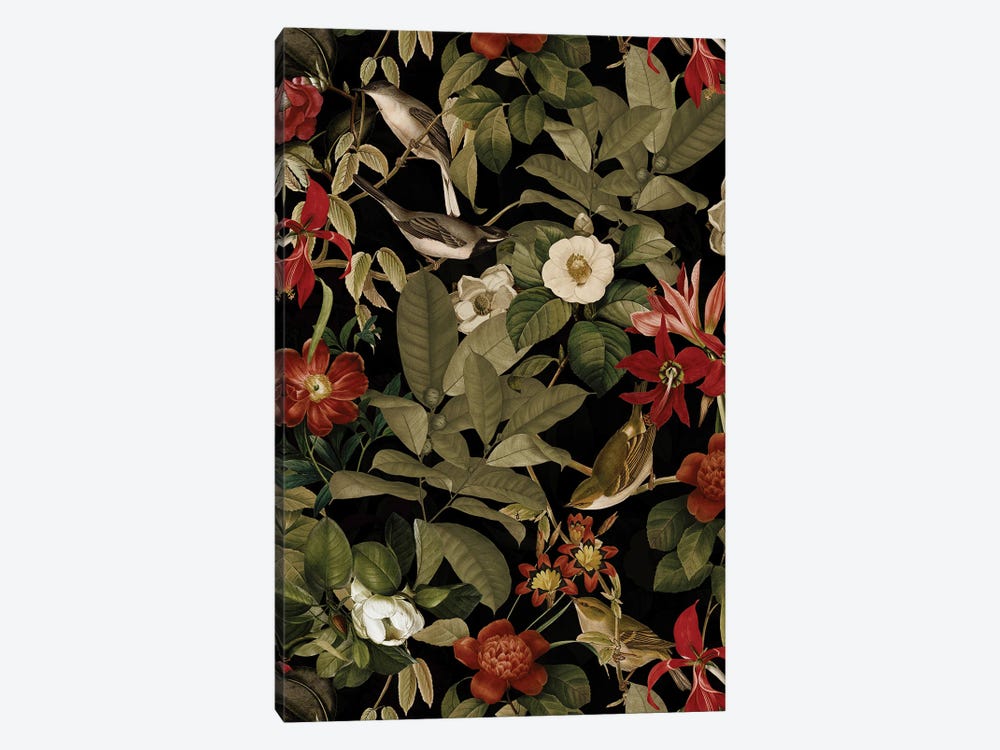 Tropical Birds And Red Flowers Midnight Jungle by UtArt 1-piece Canvas Art Print