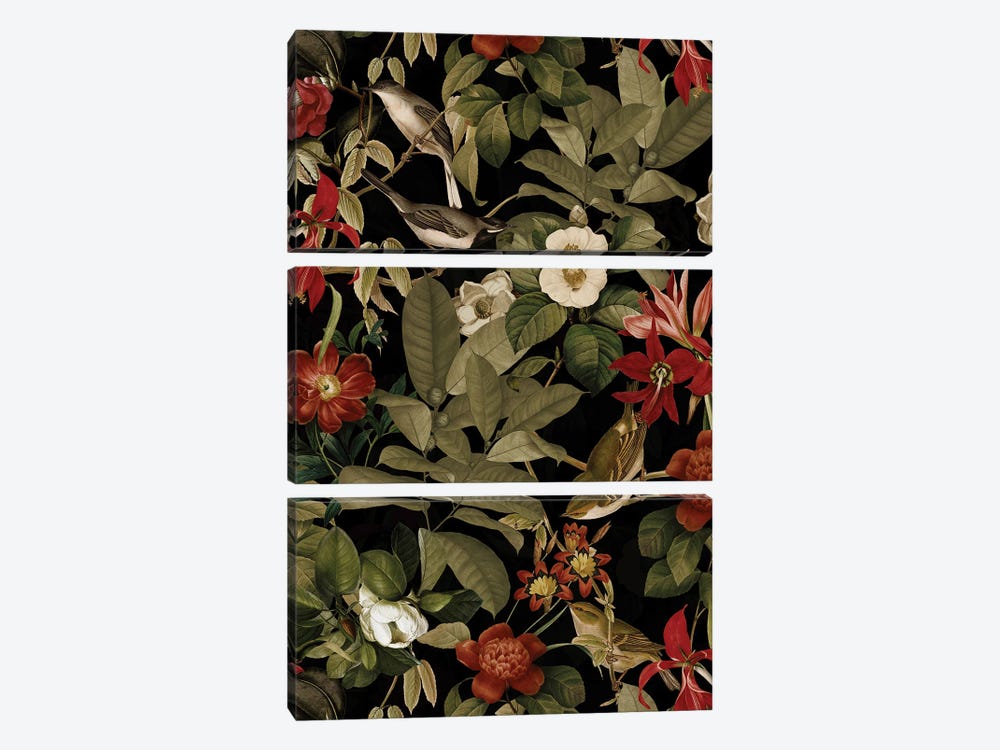 Tropical Birds And Red Flowers Midnight Jungle by UtArt 3-piece Canvas Print