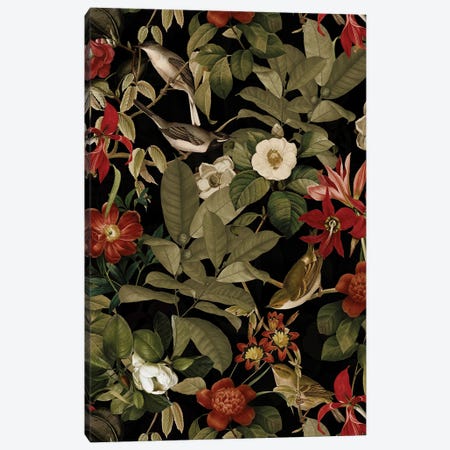 Tropical Birds And Red Flowers Midnight Jungle Canvas Print #UTA348} by UtArt Canvas Print