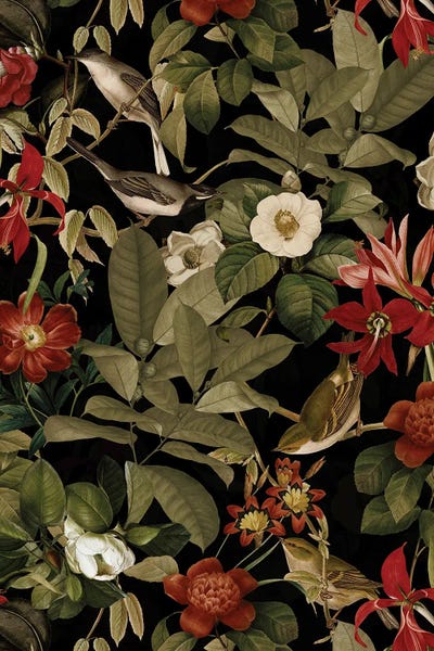 UtArt: Tropical Birds And Red Flowers Midnight Jungle by UtArt