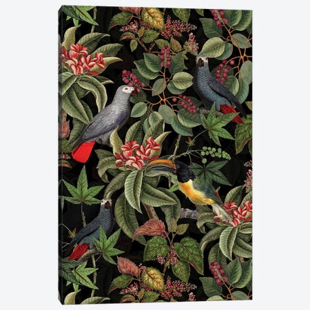 Tropical Parrot Birds And Flowers Midnight Jungle Canvas Print #UTA349} by UtArt Canvas Print