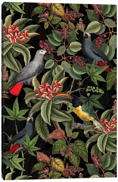 Tropical Parrot Birds And Flowers Midnight Jungle Canvas Art Print - UtArt