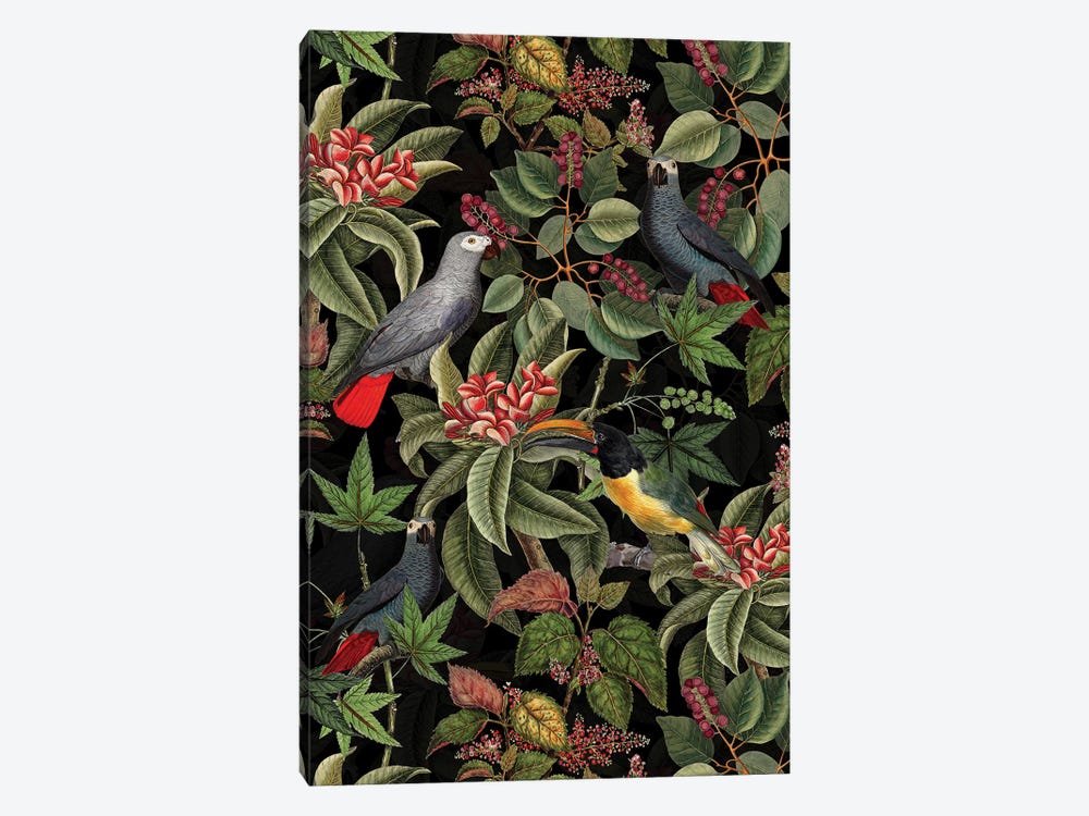 Tropical Parrot Birds And Flowers Midnight Jungle by UtArt 1-piece Canvas Art
