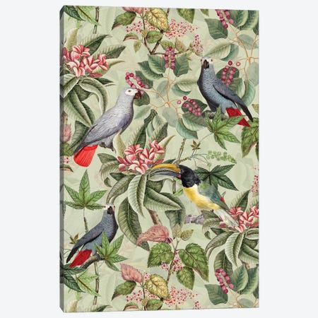 Exotic Parrot Birds And Tropical Flowers Garden Canvas Print #UTA350} by UtArt Canvas Art