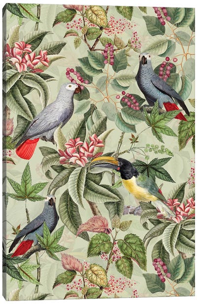 Exotic Parrot Birds And Tropical Flowers Garden Canvas Art Print - UtArt