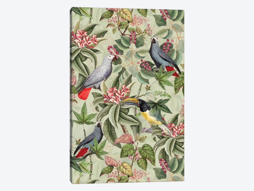 Exotic Parrot Birds And Tropical Flowers Garden by UtArt 1-piece Canvas Artwork