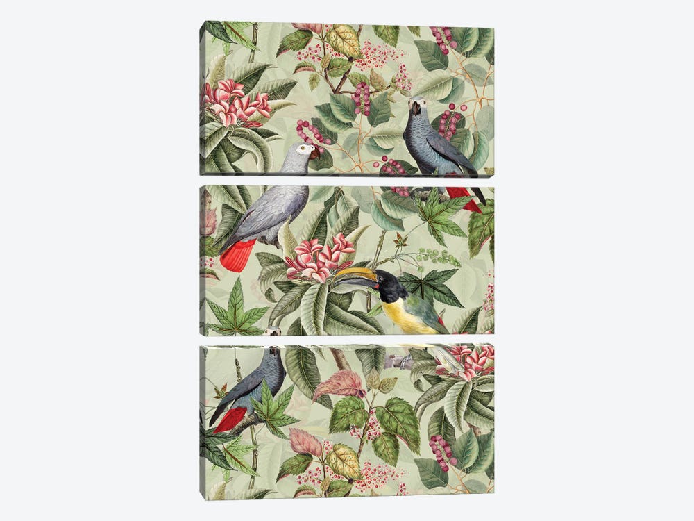 Exotic Parrot Birds And Tropical Flowers Garden by UtArt 3-piece Canvas Art