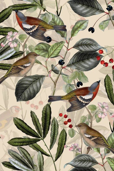 Birds And Fall Branches Garden by UtArt framed canvas print