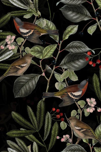 UtArt: Birds And Fall Branches Midnight Garden by UtArt