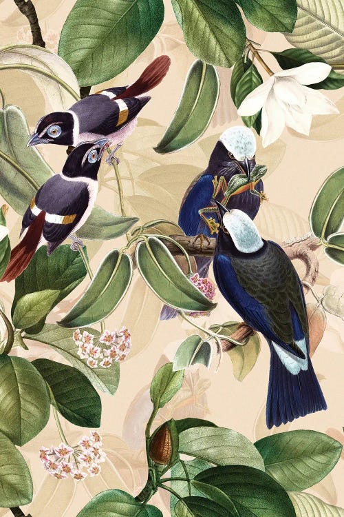 Exotic Blue Birds And Tropical Magnolia Flowers Garden