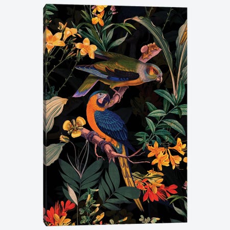 Exotic Parrot Birds And Tropical Flowers Midnight Garden Canvas Print #UTA355} by UtArt Canvas Print