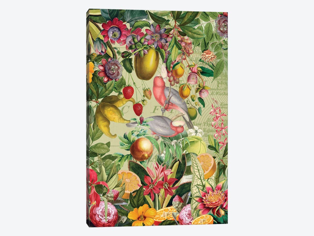 Exotic Vintage Cockatoos In Fruit And Flower Jungle by UtArt 1-piece Canvas Art