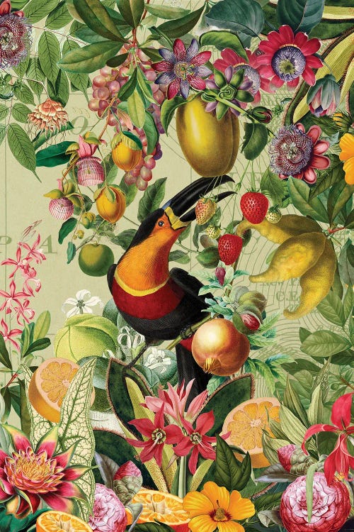 Vintage Toucan In Vintage Fruit And Flower Jungle