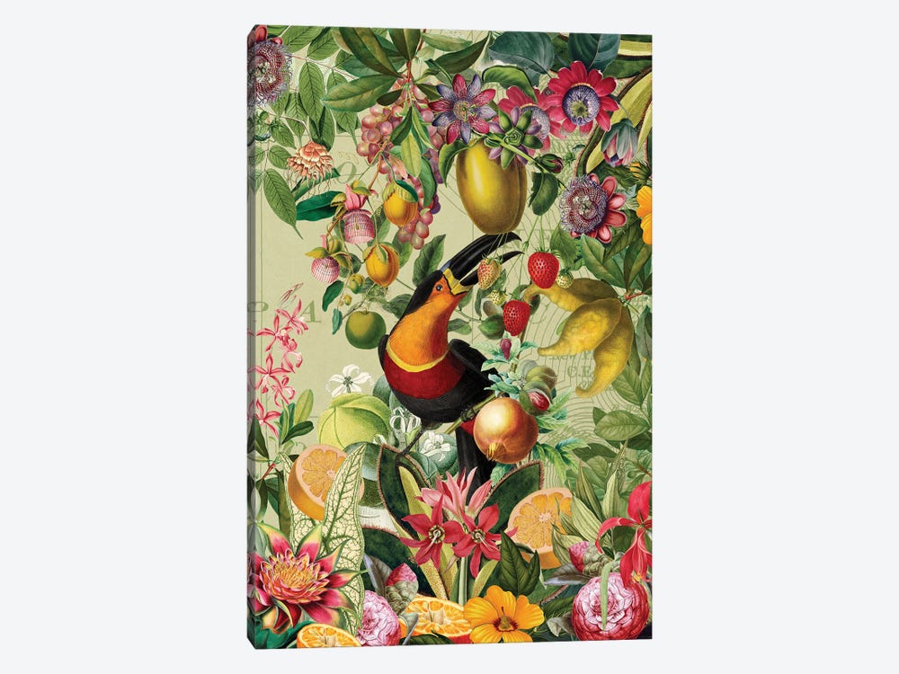 Vintage Toucan In Vintage Fruit And Flower Jungle by UtArt 1-piece Canvas Art Print